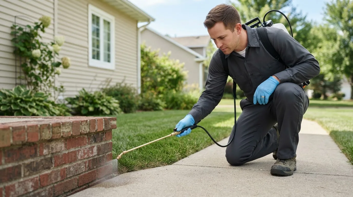 Pest control technician treating a home near East Bernard, TX