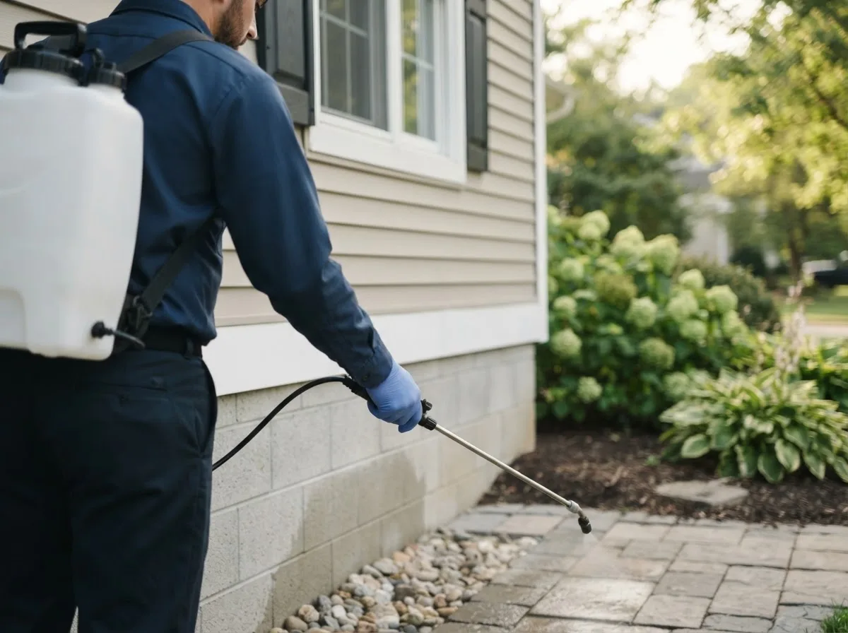 Pest control technician inspecting a home in East Bernard, TX